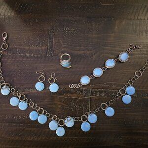 Vintage 4pc Jewelry Set Necklace Bracelet Earrings Ring MCM Retro Blue Beaded